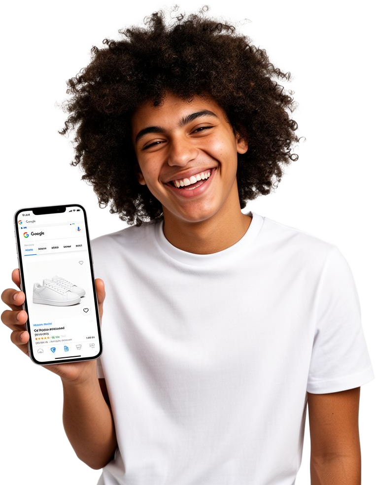 Smiling customer holding a smartphone showing Google Shopping